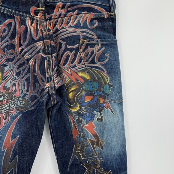 Christian Audigier embellished jeans embroidery skull stud crown blue Y2K men 32 - Picture 8 of 14